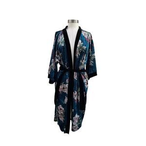Forever 21 Blue Floral Crushed Velvet Kimono Robe Belted Boho Size M